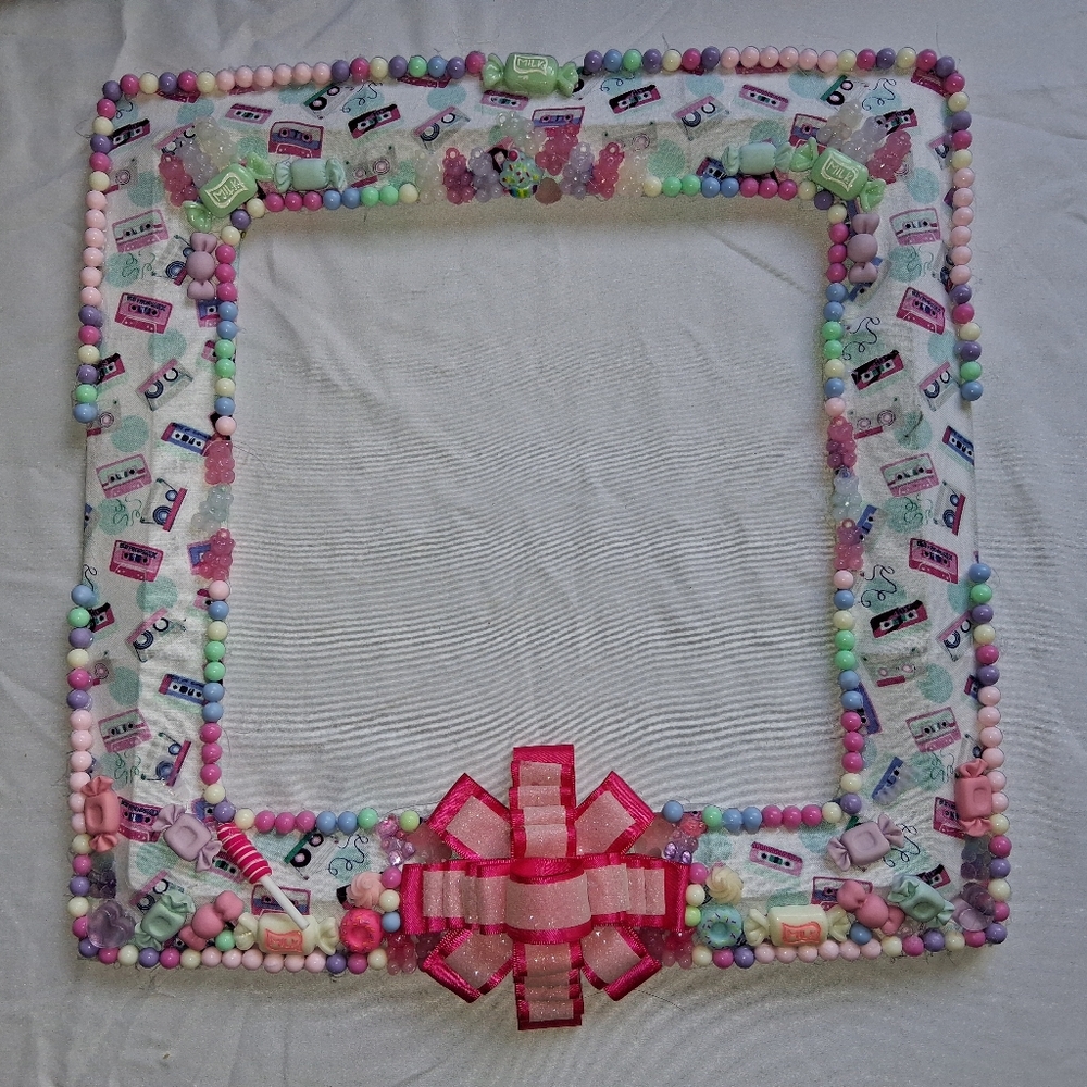 Handmade 14in by 14in Wreath with 80s Cassette Fabric and Faux Candy